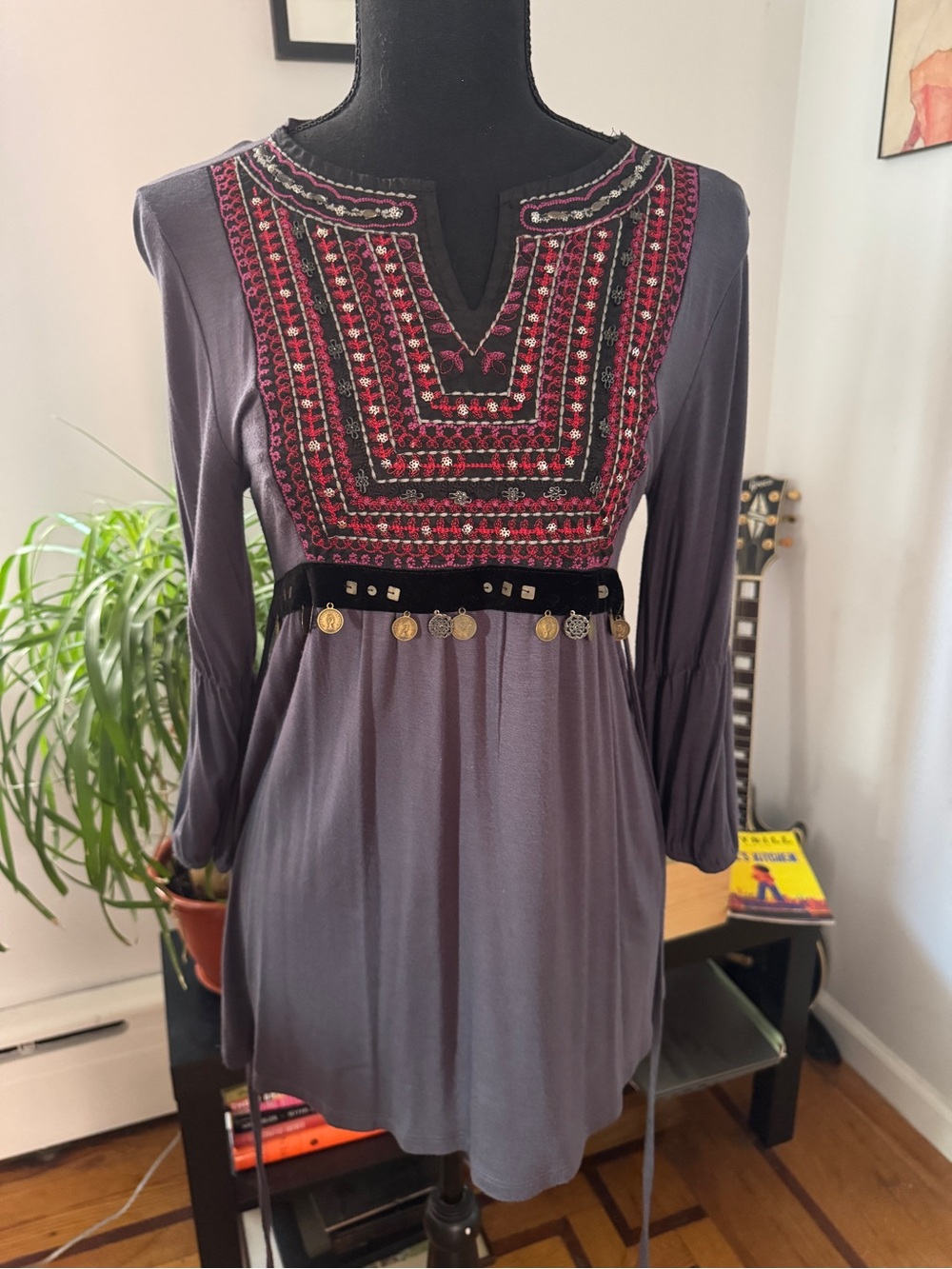 Bohemian Embroidered Long-Sleeve Blouse, Dusty Blue and Red-Size S